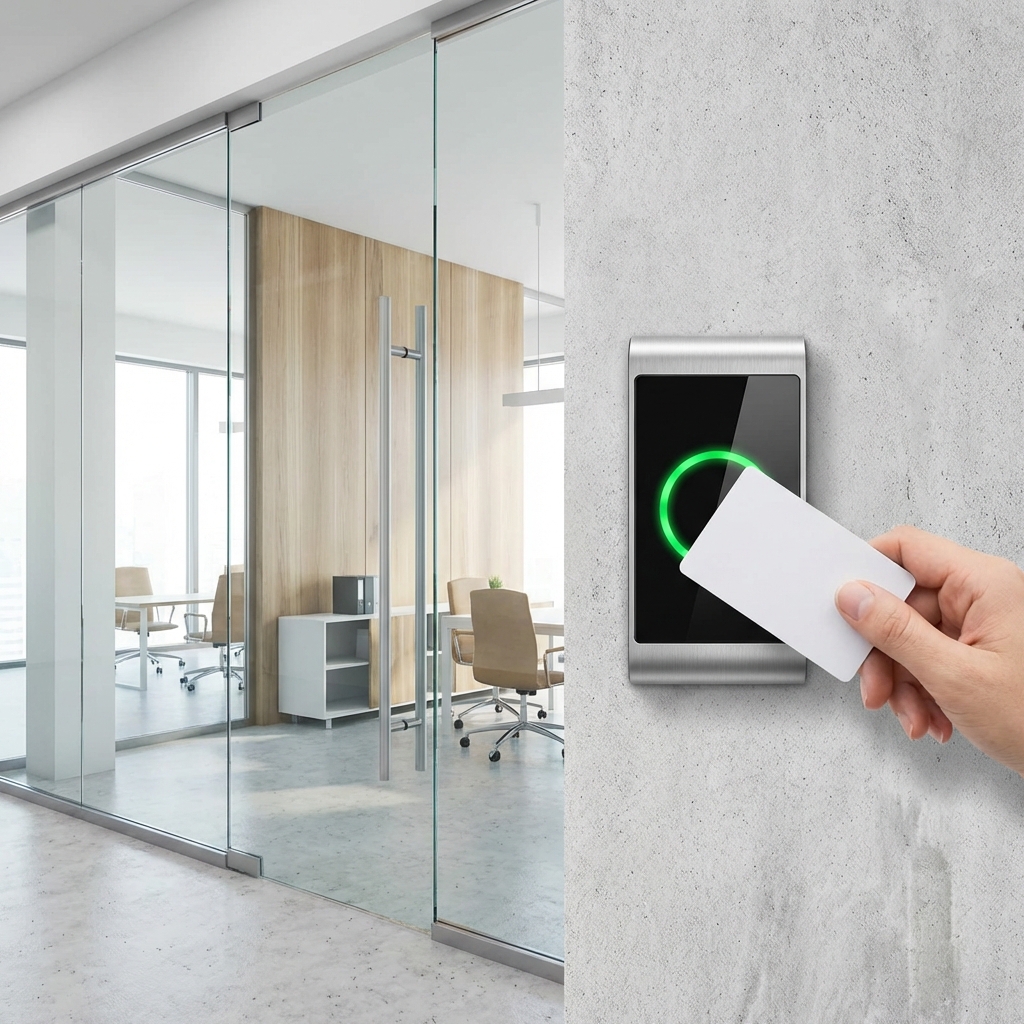 Modern access control keycard reader at an office entrance