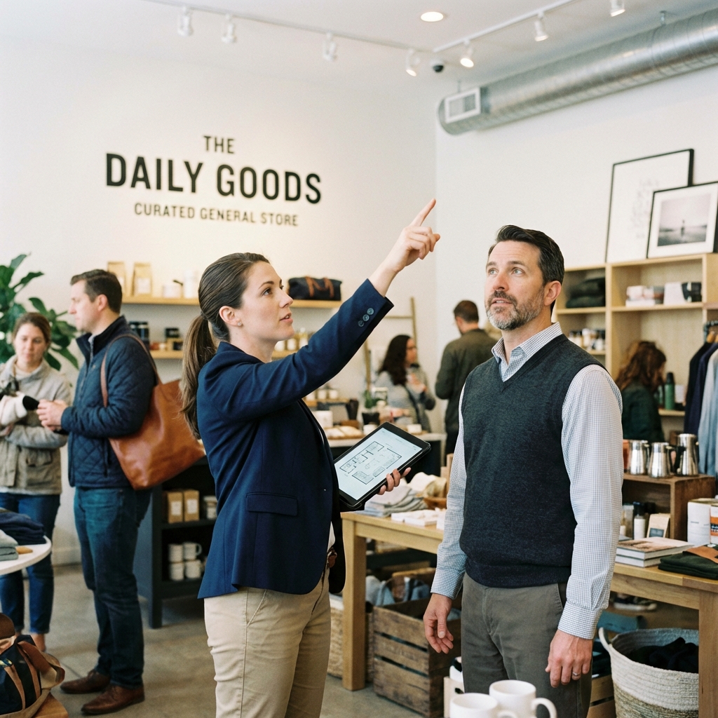 Security consultant meeting with a business owner to assess camera placement