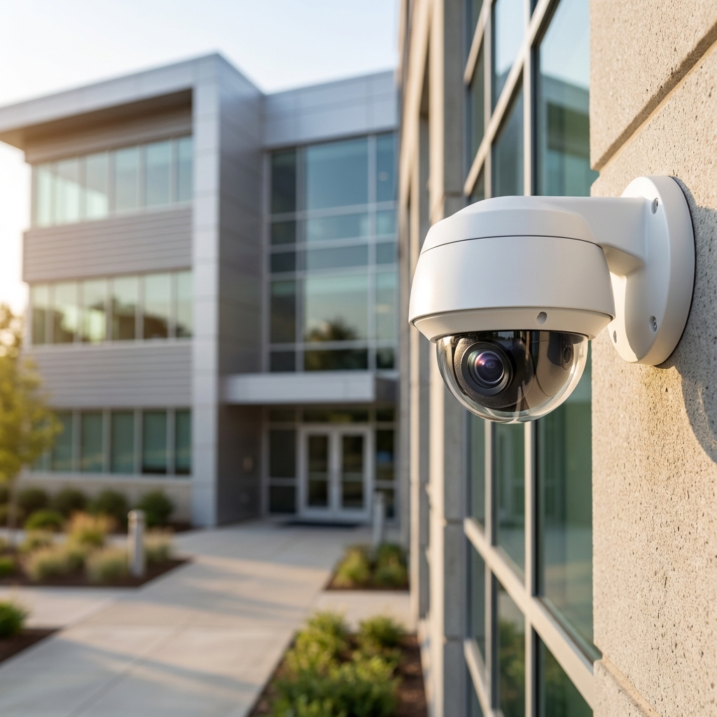 Commercial security camera installed on a modern office building in Atlanta