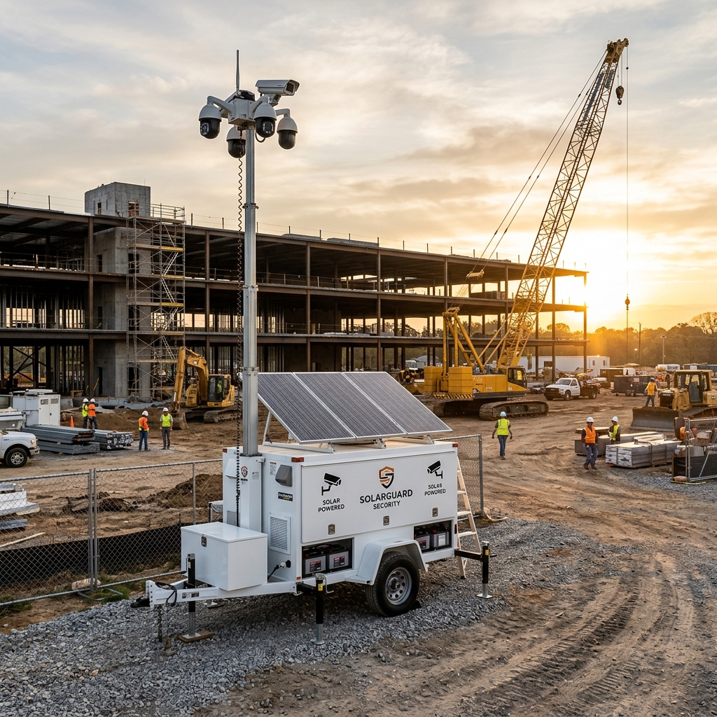 Solar-powered mobile surveillance trailer at construction site