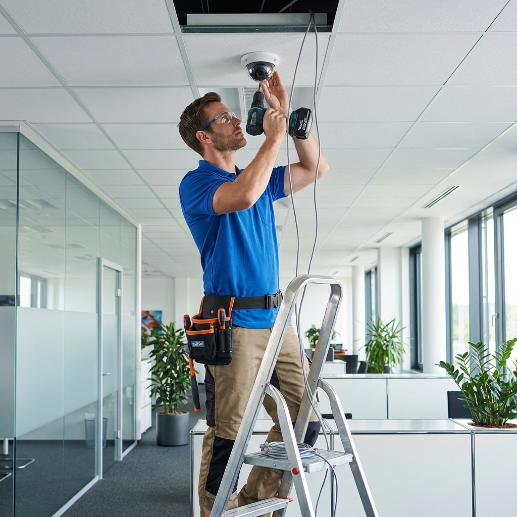 Professional security camera technician installing a commercial camera system